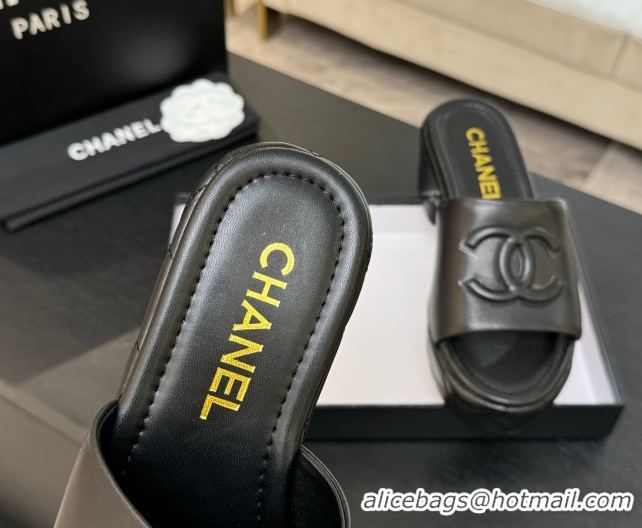 Buy Luxury Chanel Quilted Lambskin Platform Wedge Slides Sandal Black 2025 CH071502