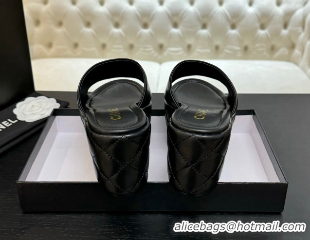 Buy Luxury Chanel Quilted Lambskin Platform Wedge Slides Sandal Black 2025 CH071502