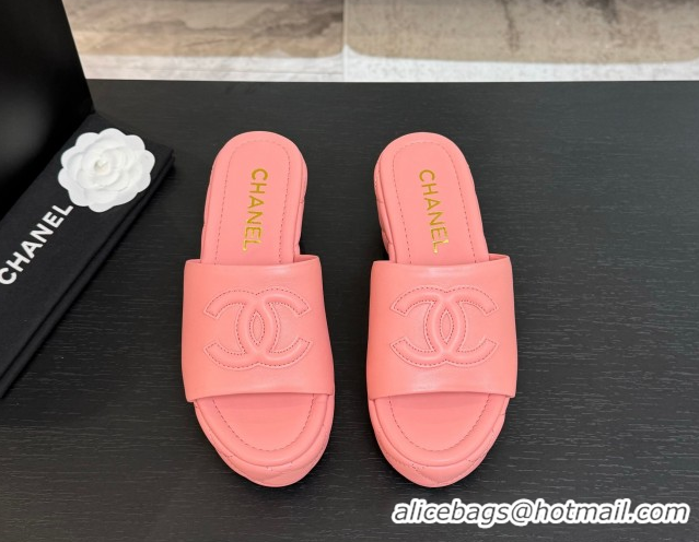 Classic Hot Chanel Quilted Lambskin Platform Wedge Slides Sandal Pink 2025 CH071502