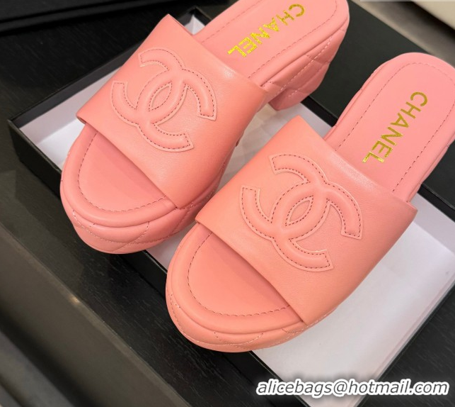 Classic Hot Chanel Quilted Lambskin Platform Wedge Slides Sandal Pink 2025 CH071502