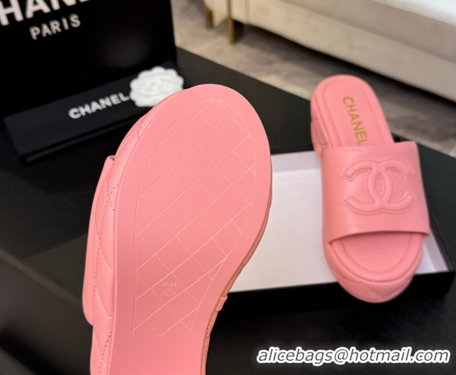Classic Hot Chanel Quilted Lambskin Platform Wedge Slides Sandal Pink 2025 CH071502