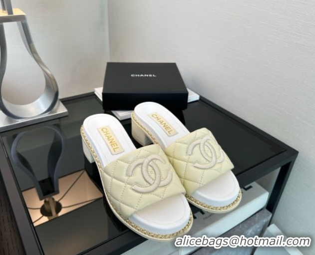 Unique Style Chanel Quilted Lambskin Heel Slides Sandal with Chain Yellow 2025 CH071503