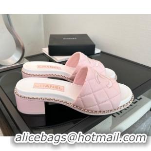 Good Quality Chanel Quilted Lambskin Heel Slides Sandal with Chain Pink 2025 CH071503