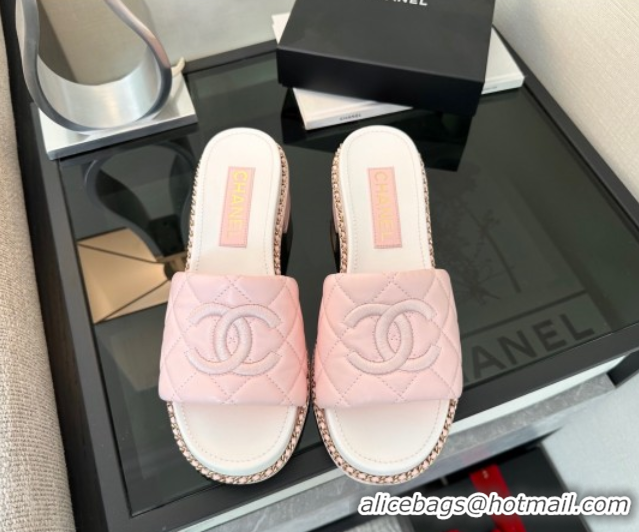Good Quality Chanel Quilted Lambskin Heel Slides Sandal with Chain Pink 2025 CH071503