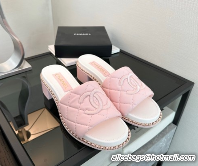 Good Quality Chanel Quilted Lambskin Heel Slides Sandal with Chain Pink 2025 CH071503