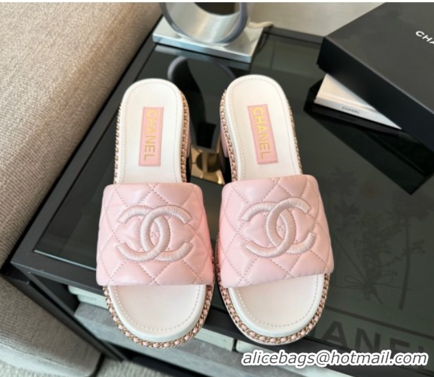Good Quality Chanel Quilted Lambskin Heel Slides Sandal with Chain Pink 2025 CH071503