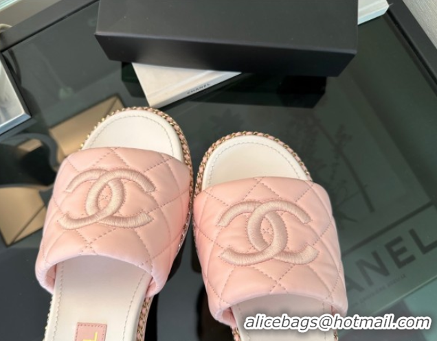 Good Quality Chanel Quilted Lambskin Heel Slides Sandal with Chain Pink 2025 CH071503