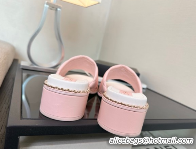 Good Quality Chanel Quilted Lambskin Heel Slides Sandal with Chain Pink 2025 CH071503
