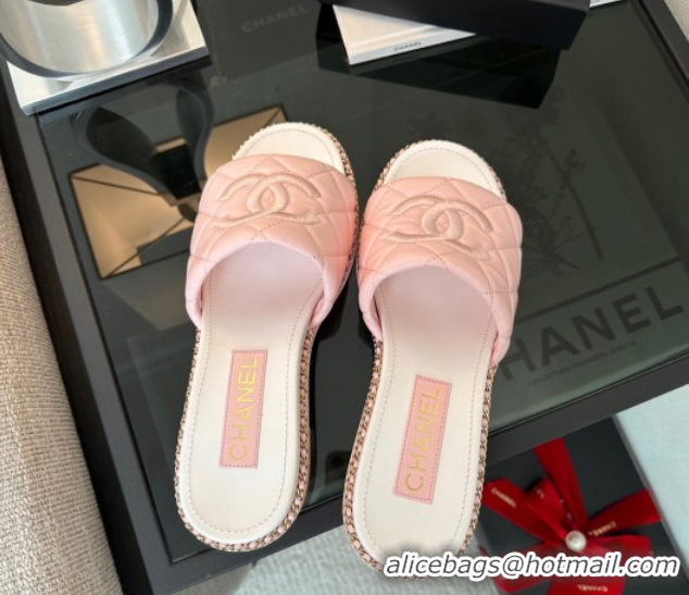 Good Quality Chanel Quilted Lambskin Heel Slides Sandal with Chain Pink 2025 CH071503