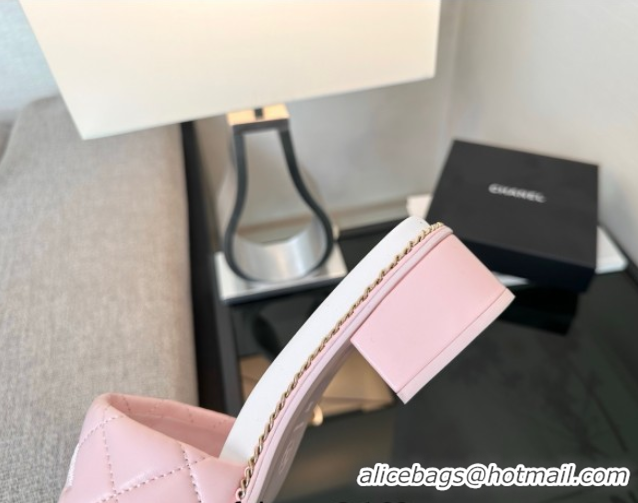 Good Quality Chanel Quilted Lambskin Heel Slides Sandal with Chain Pink 2025 CH071503