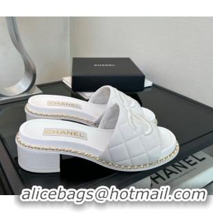 Pretty Style Chanel Quilted Lambskin Heel Slides Sandal with Chain White 2025 CH071503