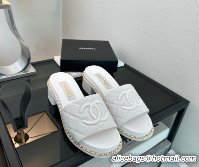 Pretty Style Chanel Quilted Lambskin Heel Slides Sandal with Chain White 2025 CH071503