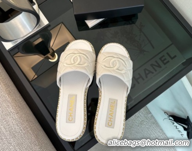 Pretty Style Chanel Quilted Lambskin Heel Slides Sandal with Chain White 2025 CH071503