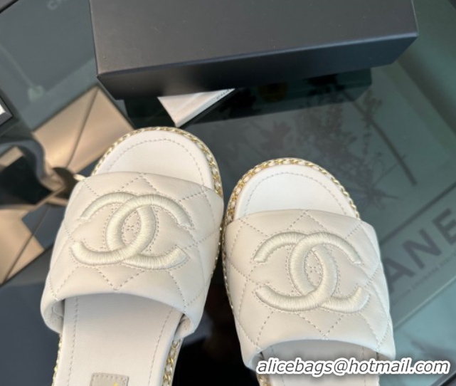 Pretty Style Chanel Quilted Lambskin Heel Slides Sandal with Chain White 2025 CH071503