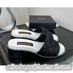 Grade Quality Chanel Quilted Lambskin Heel Slides Sandal with Chain Black 2025 CH071503