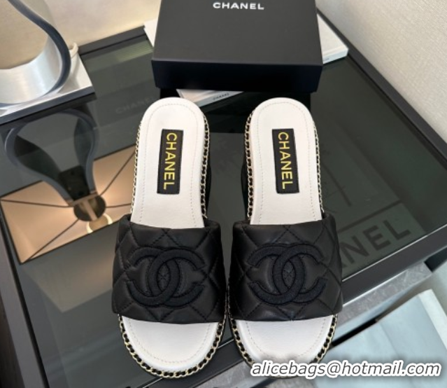 Grade Quality Chanel Quilted Lambskin Heel Slides Sandal with Chain Black 2025 CH071503