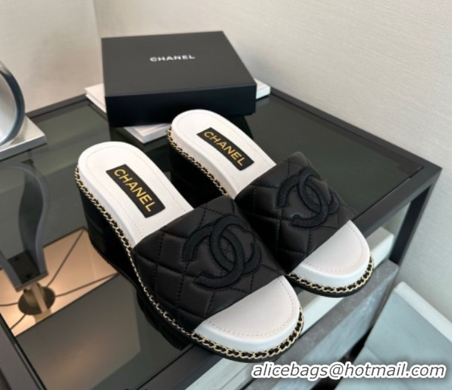 Grade Quality Chanel Quilted Lambskin Heel Slides Sandal with Chain Black 2025 CH071503