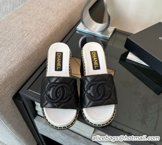 Grade Quality Chanel Quilted Lambskin Heel Slides Sandal with Chain Black 2025 CH071503