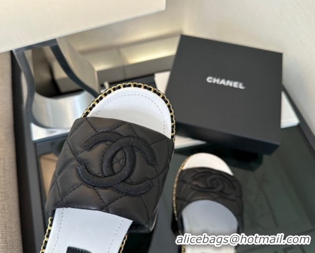 Grade Quality Chanel Quilted Lambskin Heel Slides Sandal with Chain Black 2025 CH071503