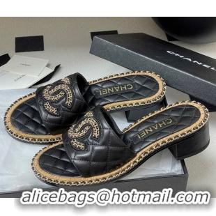 Buy Discount Chanel Lambskin Heel Slides Sandal with Chain Black 2025A CH071504