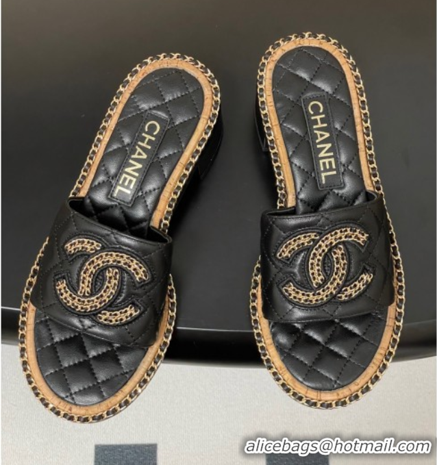 Buy Discount Chanel Lambskin Heel Slides Sandal with Chain Black 2025A CH071504