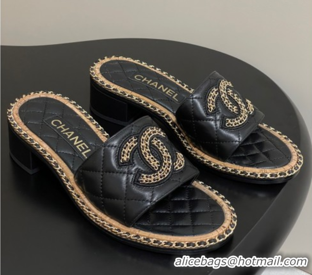 Buy Discount Chanel Lambskin Heel Slides Sandal with Chain Black 2025A CH071504