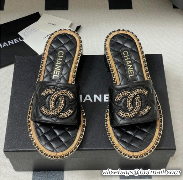 Buy Discount Chanel Lambskin Heel Slides Sandal with Chain Black 2025A CH071504