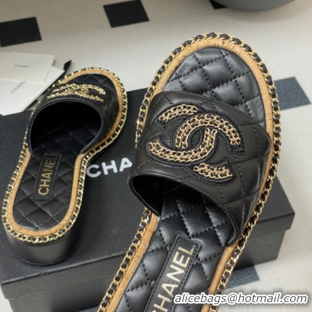Buy Discount Chanel Lambskin Heel Slides Sandal with Chain Black 2025A CH071504