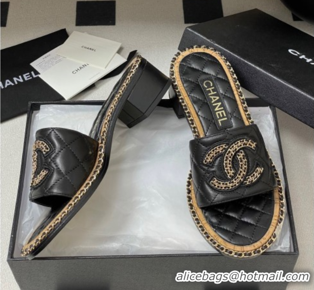 Buy Discount Chanel Lambskin Heel Slides Sandal with Chain Black 2025A CH071504