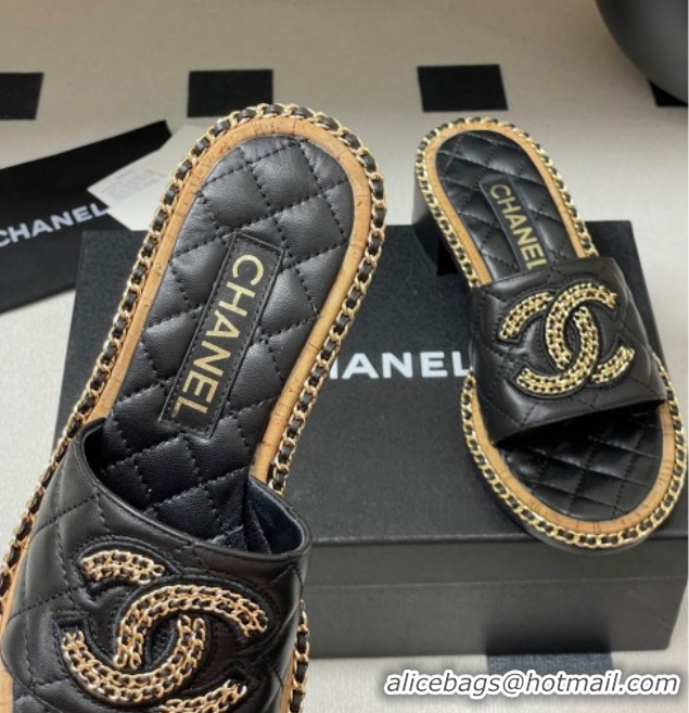 Buy Discount Chanel Lambskin Heel Slides Sandal with Chain Black 2025A CH071504