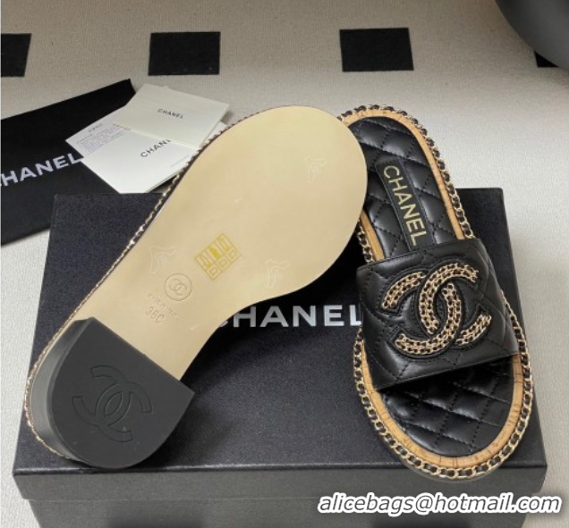 Buy Discount Chanel Lambskin Heel Slides Sandal with Chain Black 2025A CH071504
