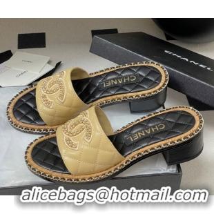 Purchase Chanel Lambskin Heel Slides Sandal with Chain Beige 2025A CH071504