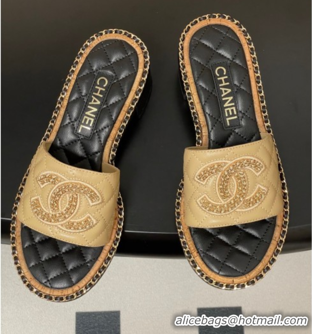 Purchase Chanel Lambskin Heel Slides Sandal with Chain Beige 2025A CH071504