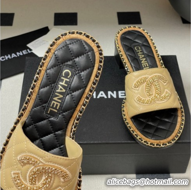 Purchase Chanel Lambskin Heel Slides Sandal with Chain Beige 2025A CH071504