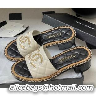 Low Cost Chanel Lambskin Heel Slides Sandal with Chain White 2025A CH071504