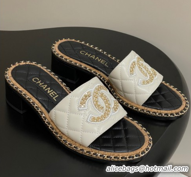 Low Cost Chanel Lambskin Heel Slides Sandal with Chain White 2025A CH071504