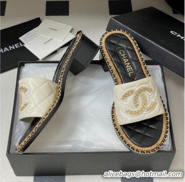 Low Cost Chanel Lambskin Heel Slides Sandal with Chain White 2025A CH071504