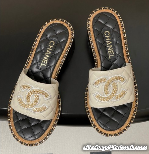 Low Cost Chanel Lambskin Heel Slides Sandal with Chain White 2025A CH071504