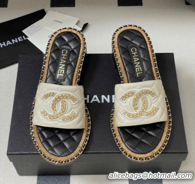 Low Cost Chanel Lambskin Heel Slides Sandal with Chain White 2025A CH071504