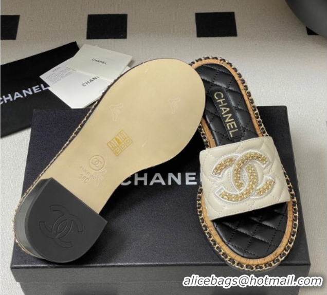 Low Cost Chanel Lambskin Heel Slides Sandal with Chain White 2025A CH071504