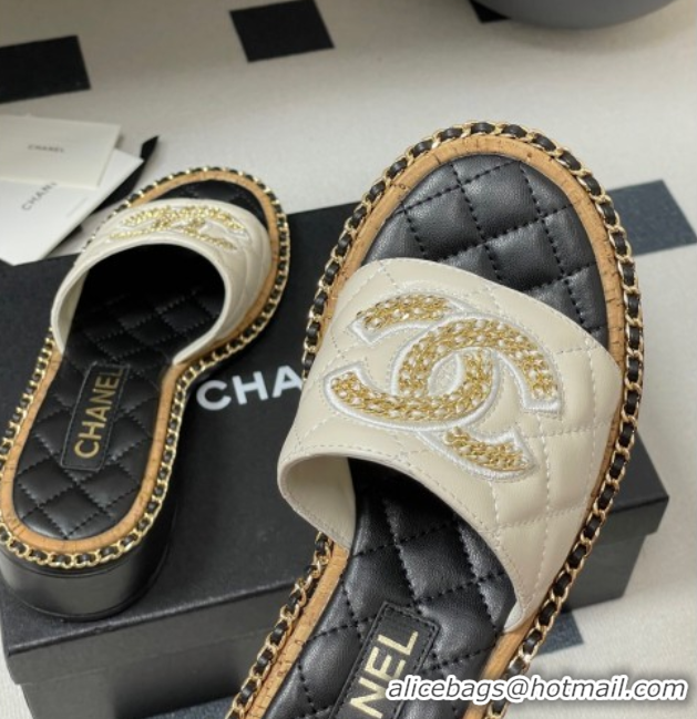 Low Cost Chanel Lambskin Heel Slides Sandal with Chain White 2025A CH071504