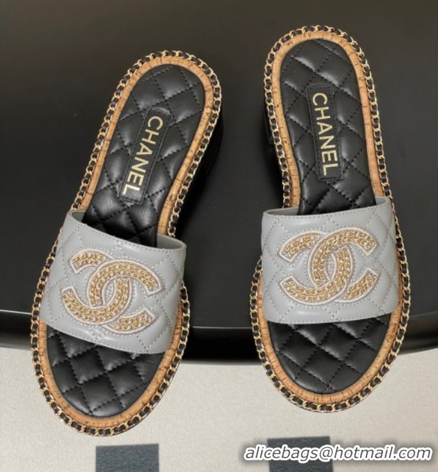 Low Price Chanel Lambskin Heel Slides Sandal with Chain Grey 2025A CH071504