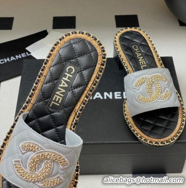 Low Price Chanel Lambskin Heel Slides Sandal with Chain Grey 2025A CH071504