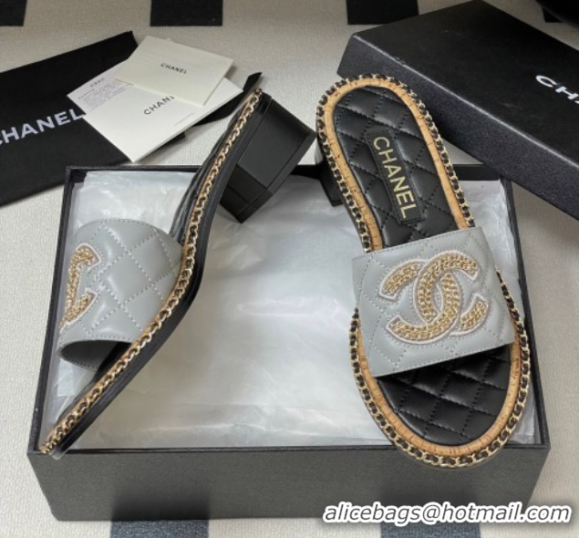 Low Price Chanel Lambskin Heel Slides Sandal with Chain Grey 2025A CH071504