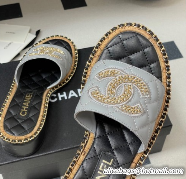 Low Price Chanel Lambskin Heel Slides Sandal with Chain Grey 2025A CH071504