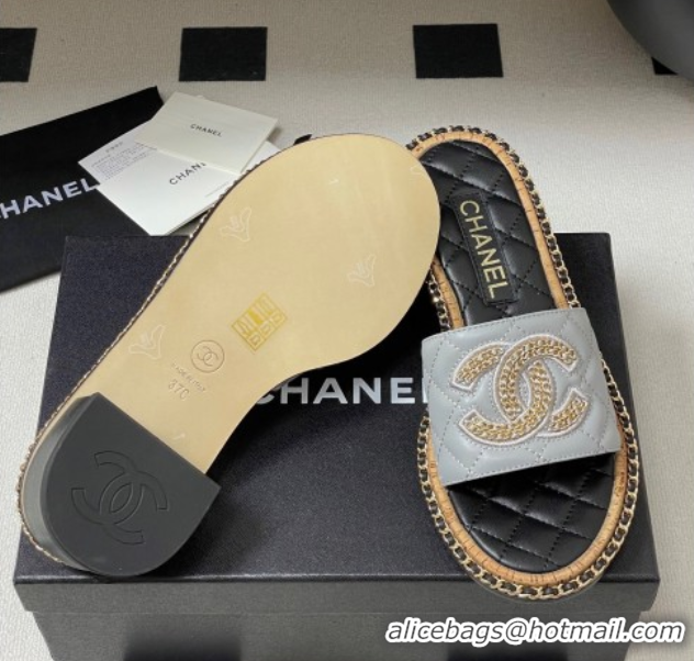 Low Price Chanel Lambskin Heel Slides Sandal with Chain Grey 2025A CH071504