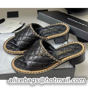 Most Popular Chanel Quilted Lambskin Heel Slides Sandal with Chain Black 2025A CH071505