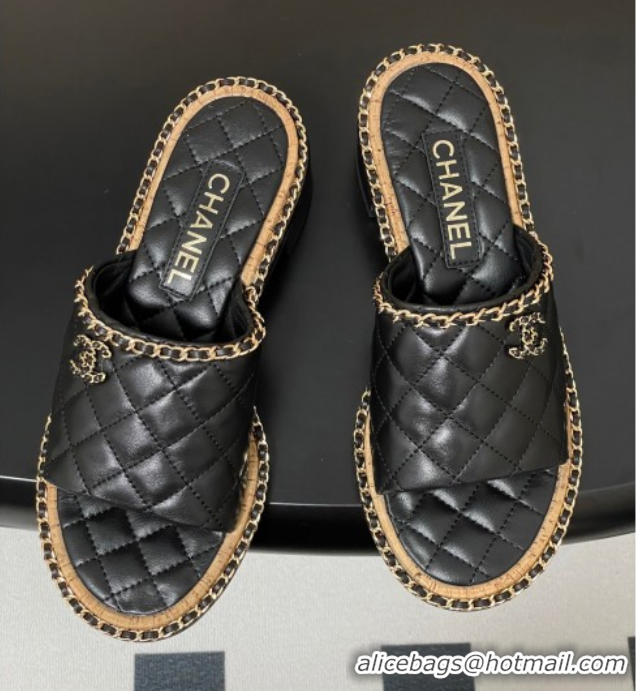 Most Popular Chanel Quilted Lambskin Heel Slides Sandal with Chain Black 2025A CH071505