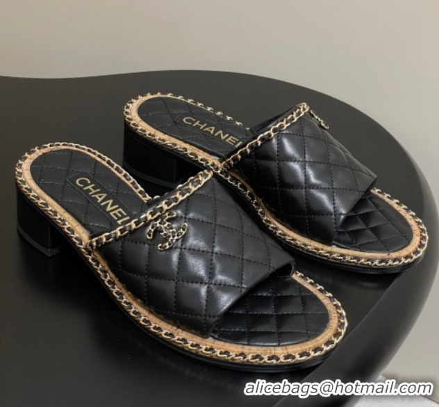 Most Popular Chanel Quilted Lambskin Heel Slides Sandal with Chain Black 2025A CH071505