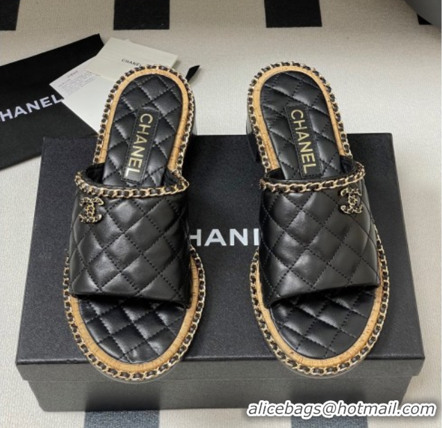 Most Popular Chanel Quilted Lambskin Heel Slides Sandal with Chain Black 2025A CH071505